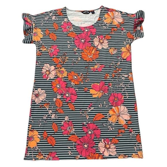 LANDS’ END Floral T-Shirt Dress Ruffle Sleeve Orange Pink Gray Green Size Large - Picture 1 of 8